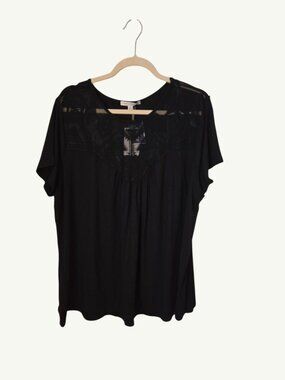 Green Envelope LA Black Lace Yoke Top – Flowy Short Sleeve, Size 2X